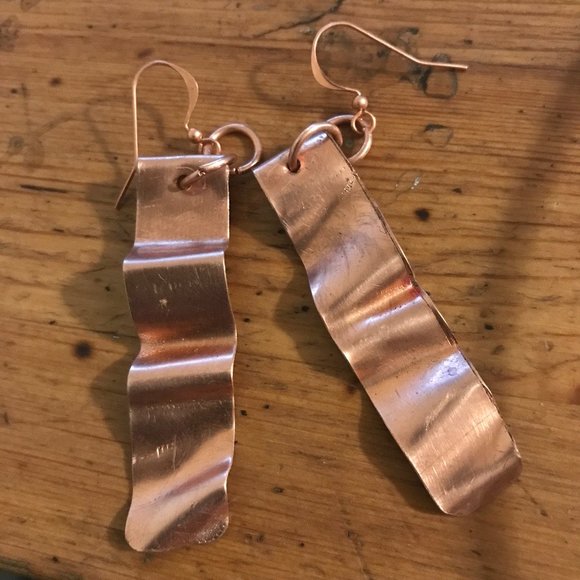 Long Pure Copper Solid Tribal Rustic Earrings Drop Boho Handmade Organic Folded - Picture 4 of 7